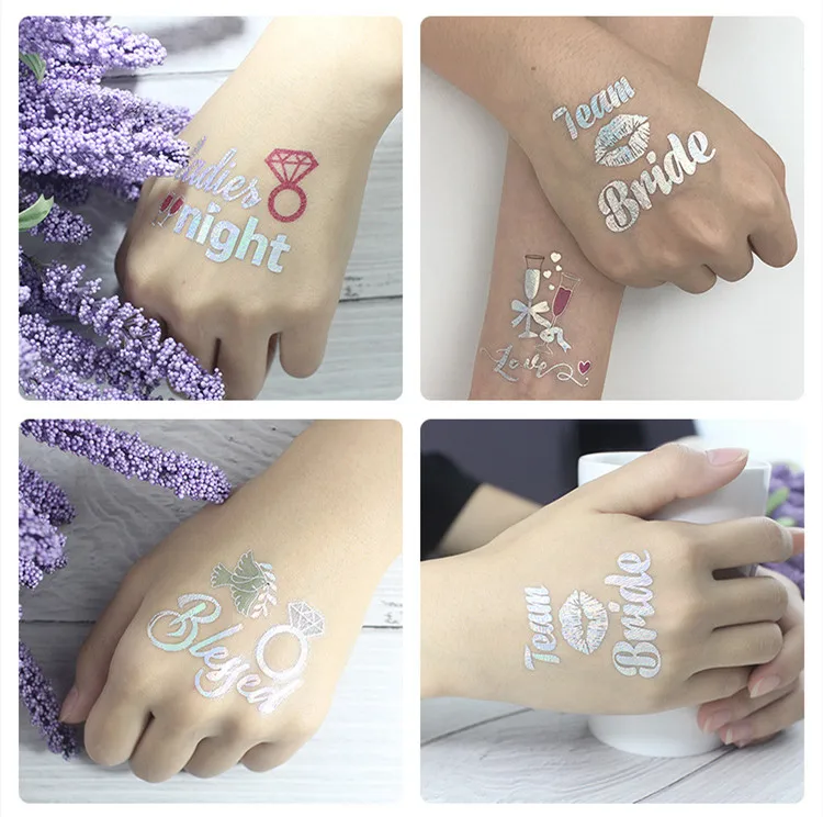 Custom Rainbow Silver Iridescnet Temporary Water Transfer Team Bride Party Tattoo Sticker