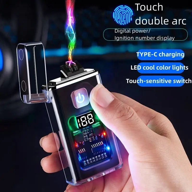 Transparent shell waterproof and windproof outdoor double arc lighter digital power display USB electronic cigarette lighter