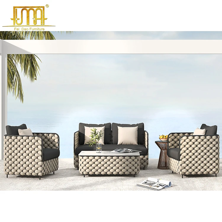 Waterproof 4 Pieces Aluminum And Woven Rope Outdoor Sofa Set Chairs