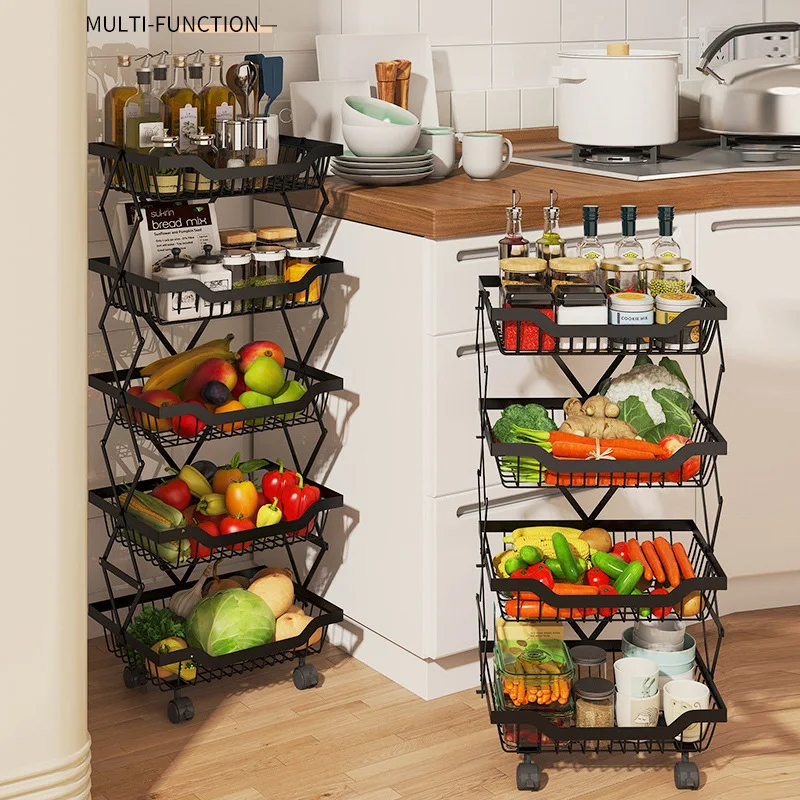 Multifunction Metal Creative Kitchen Folding 3/4/5 Tiers Vegetable Fruit Storage Rack Cart Spice Bottle Rack Storage Baskets