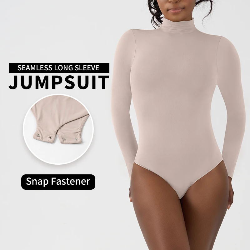 SK0717 mock neck seamless Long Sleeve Bodysuits for Women High Collar lightweight Slim Basic Tummy Control Bodysuit with thong