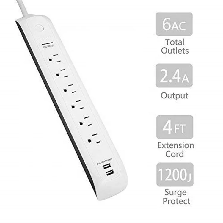 6 Outlet Multi Functional Surge Protector Power Strip with USB