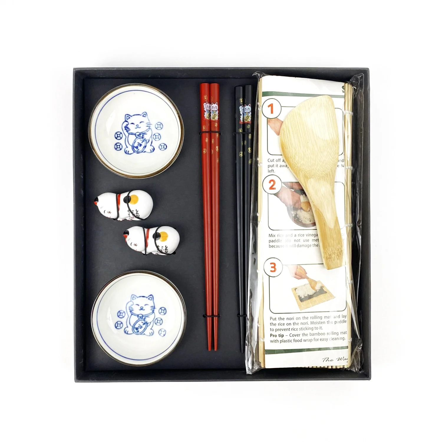 2024 Wholesale Natural  Sushi  Dinner Plate Dish  Set custom Japanese  lucky cat  chopsticks bamboo mat sushi set
