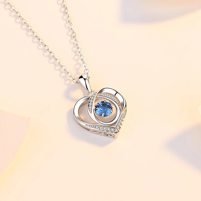 Exquisite Women Charm Necklace Jewelry 925 Sterling Silver Pave Blue CZ Zircon Love Heart Pendant Necklaces