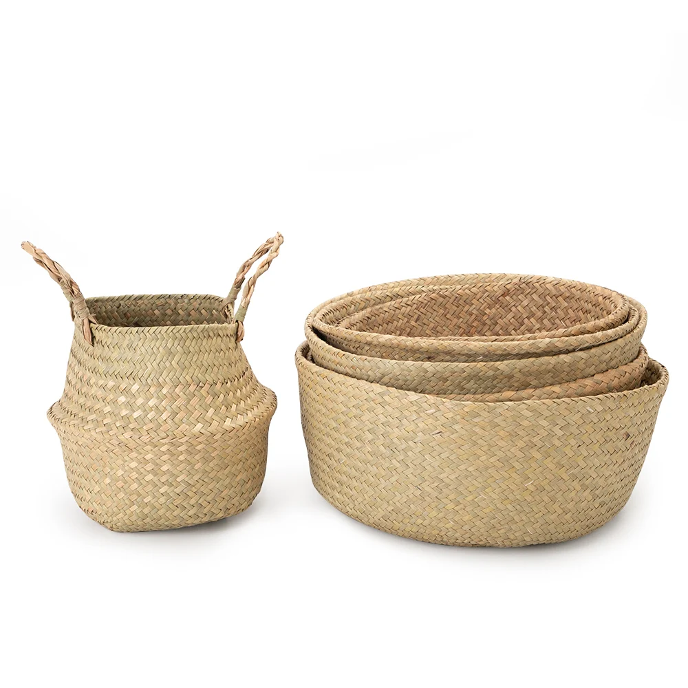 Woven Bamboo Storage Basket, Straw Wicker Rattan Seagrass Belly Garden Flower Pot Plant Basket