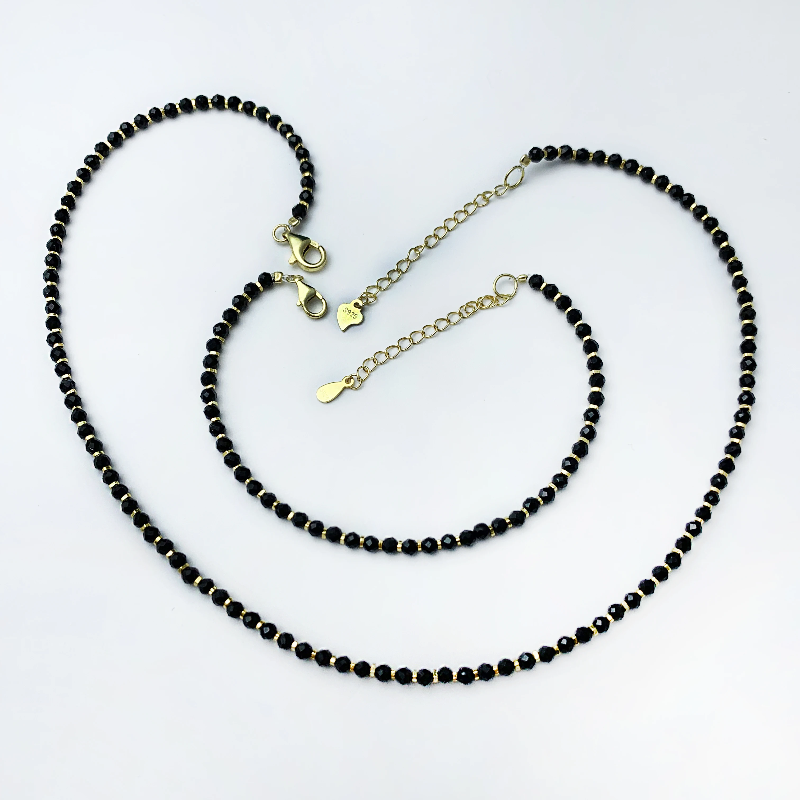 Gemstone jewelry black spinel faceted beads gold plated 925 sterling silver crystal beaded necklace