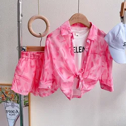 RTS Beach Outdoor Thin Pink Kid Long Sleeve 2 Piece Clothes Sets Sun Proof Summer Fashion Clothing Girls Tank Top Shorts Outfits