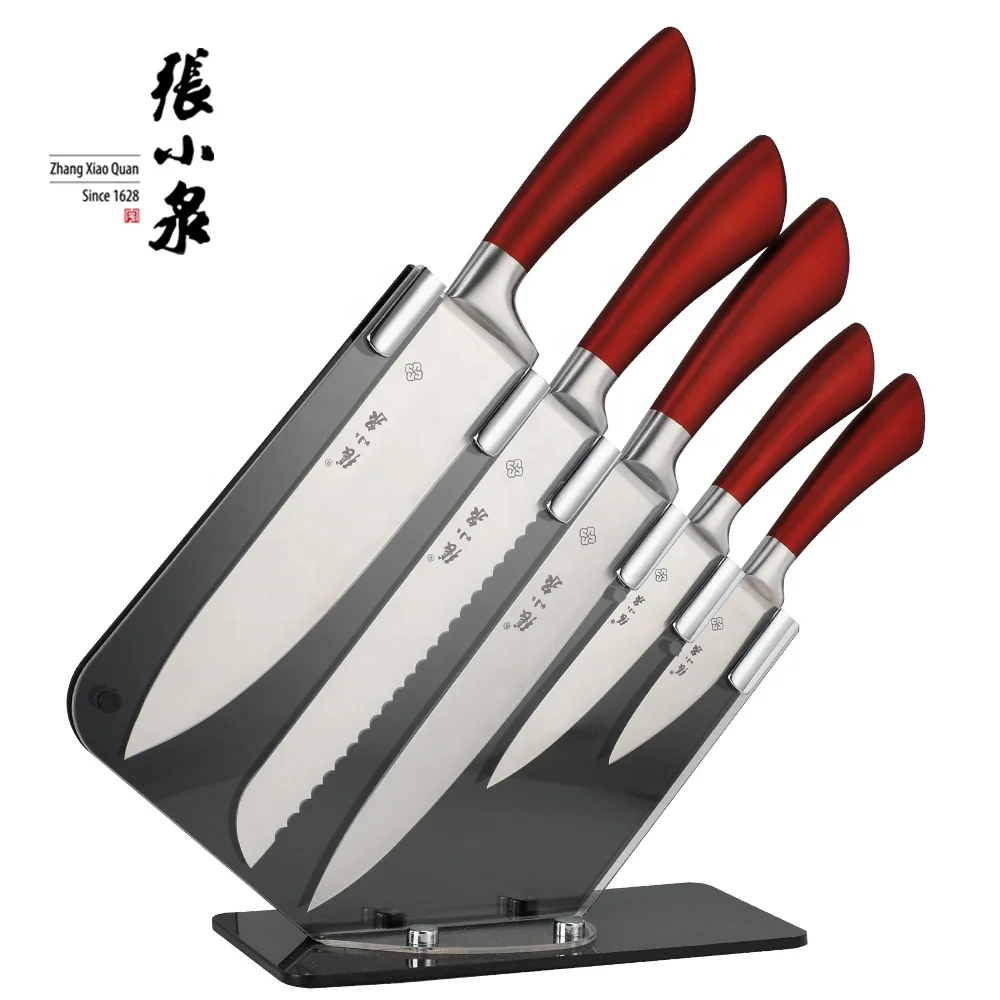 Zhang Xiaoquan 5 Pieces Kitchen Knife Set with Block Stainless Steel Knives with acrylic stand red handle