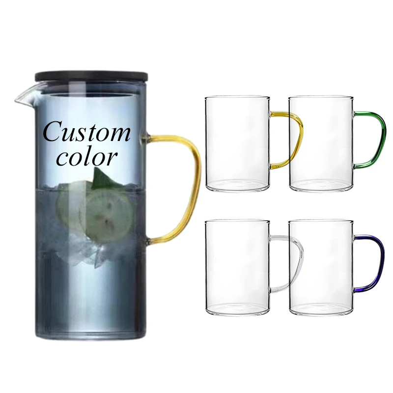 Customized Color Glass Cold Water Jug Pitcher Set with Lid and Cup Handle for Water Serving