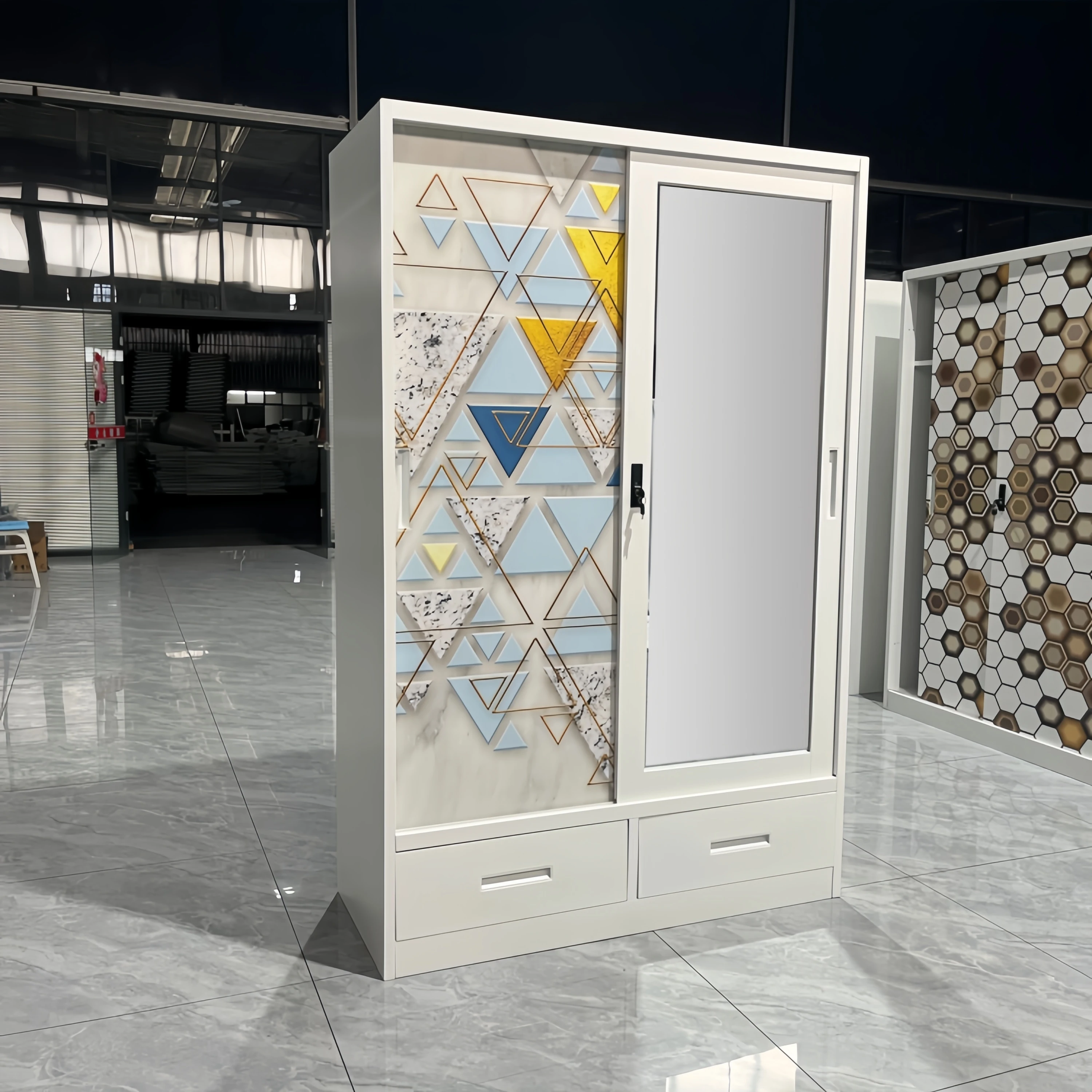 Factory Wholesale Price Metal Steel Wardrobe Multi-use Custom Pattern Large Storage Clothes Wardrobe Cabinet with mirror