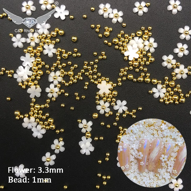 CY Mixed Color White Gold Beads Silver Gem Nail Supplier 3D Nail Art Resin Acrylic Flowers