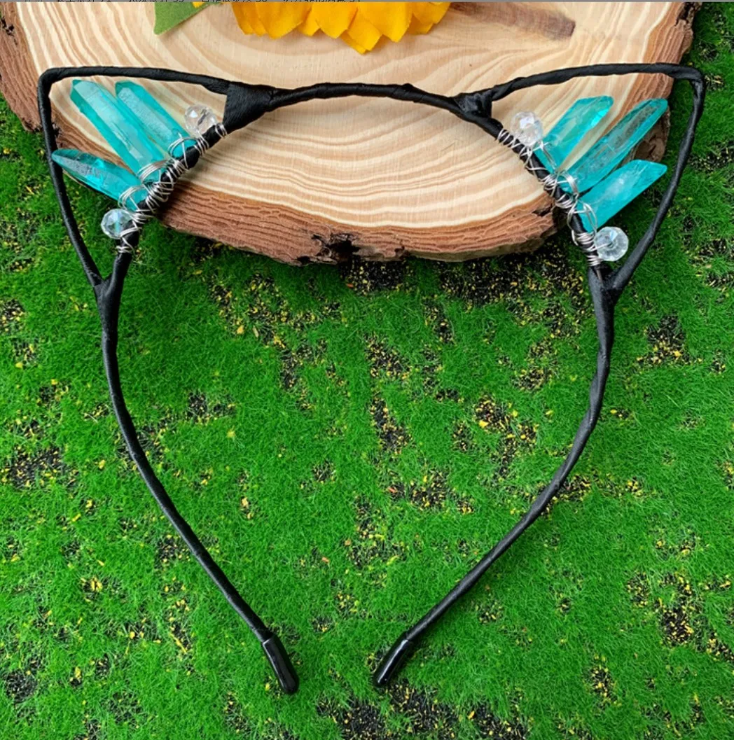 Handmade Animal Cat Ear Natural Crystal Crown Headbands Hair Band