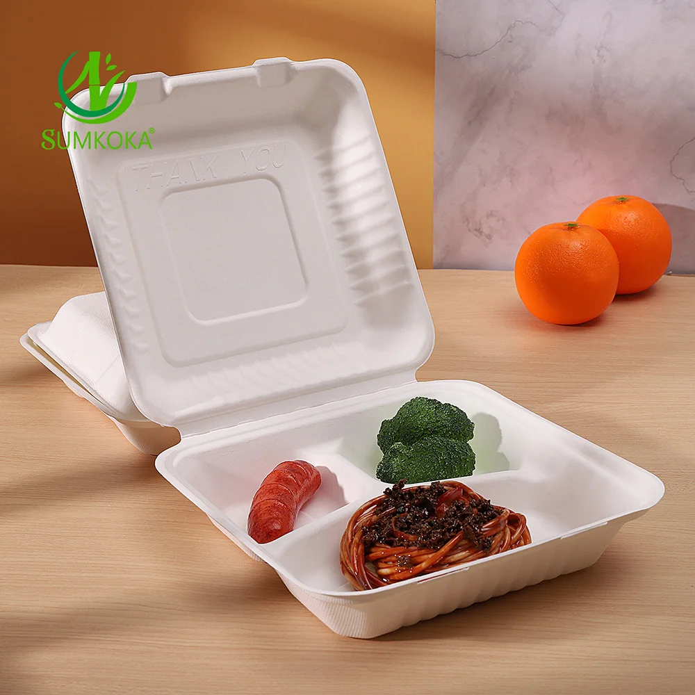 Sumkoka BPI Bagasse коробка для пищевых продуктов раскладушка одноразовая 3-х отсекная 9-дюймовая контейнер