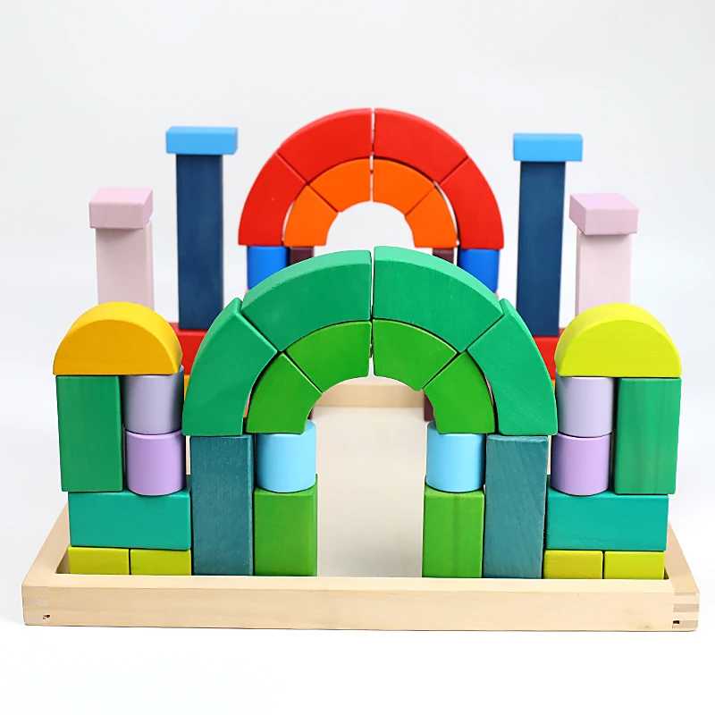 Wooden early education enlightenment rainbow building blocks boys and girls stacked high assembly toys