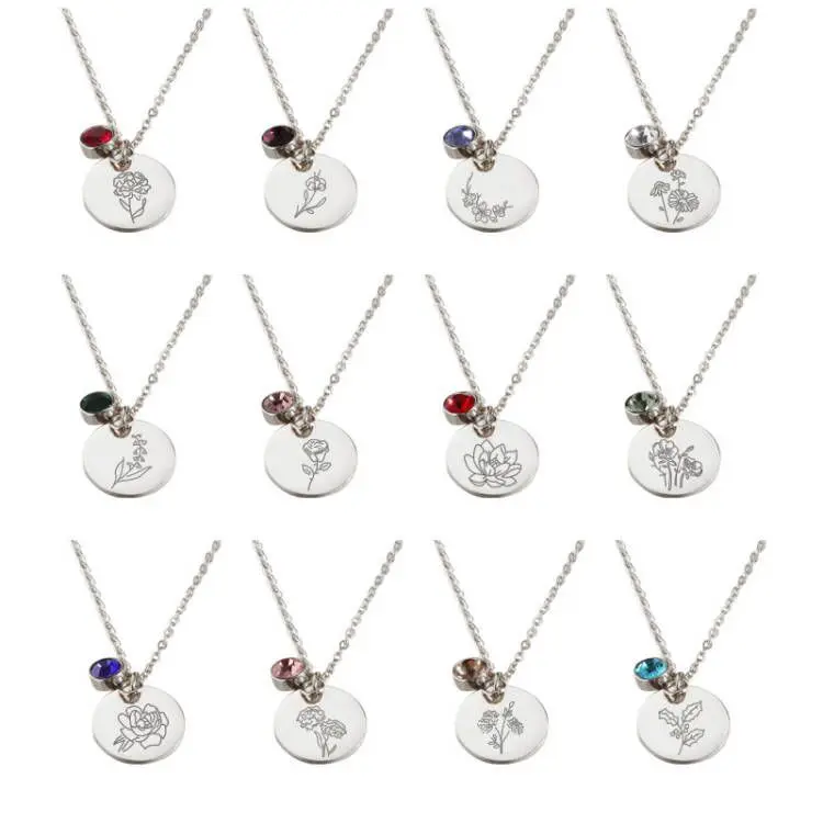 stainless steel zircon stone birthday gift jewelry birthstone birth month flower necklace