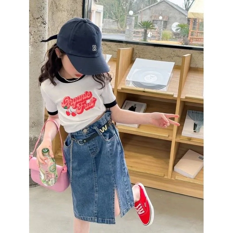 Hot Sale Summer Children Clothes Sets 120-170cm Girls Cherry Pattern Shirt And Cowboy Skirt Shorts Casual 2 Pcs Sets