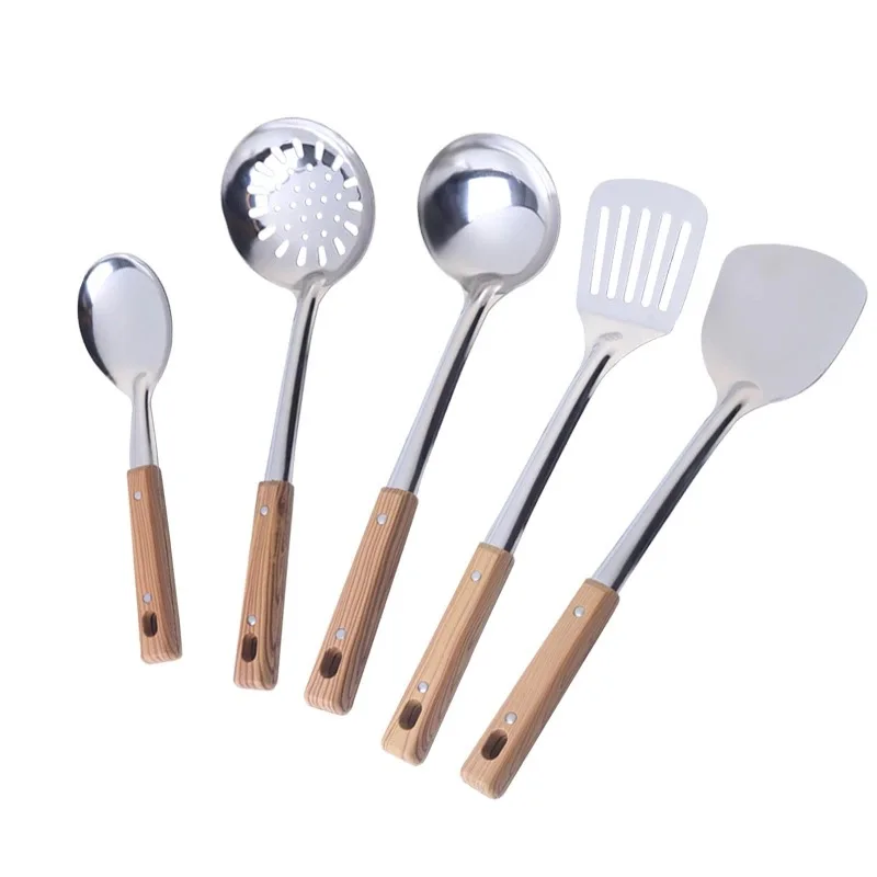 Stainless Steel Spatula Home And Kitchen Colander Spoon Ladle Wood Grain Handle Insulation Kitchenware Cooking 5 Pcs Utensil Set