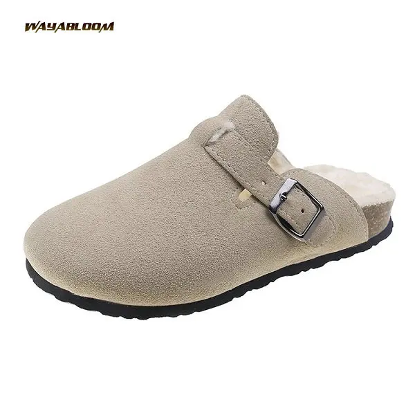 Flat bottom plush wrapped semi trailer leather white wool shoes wear new wool slippers in autumn and winter