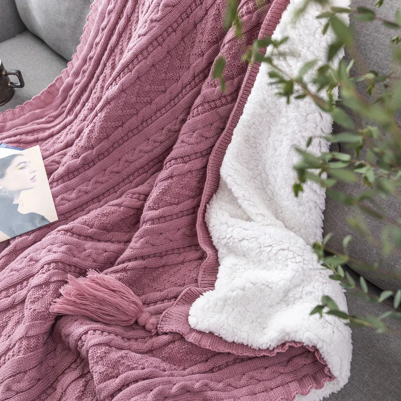 Double Layered Blanket Classic Acrylic Knit Cozy Polyester Faux Lambs Wool Sherpa Backing Plush Throw Blanket