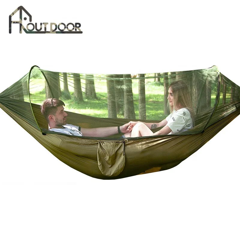Outdoor  nylon hammocks portable camping quick open mosquito net hammock with carabiners