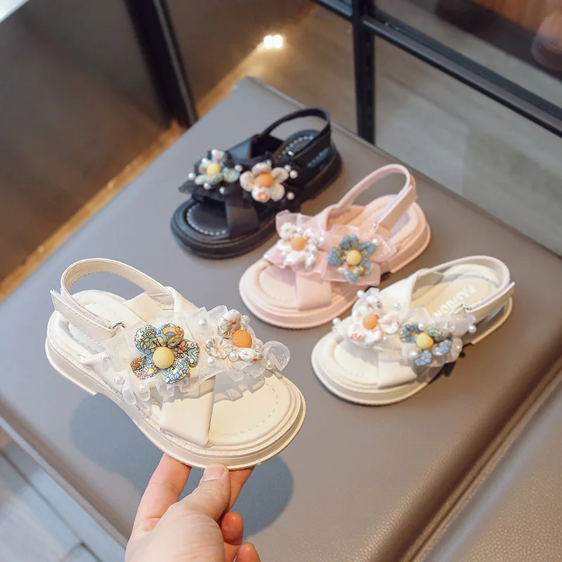 2024 New Fashion Style Girls Cartoon Flowers Casual Soft Sole Kids Flat Open Toe Beach Sandals