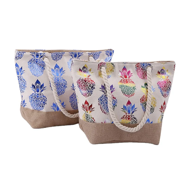 Factory supplier Women Beach Tote Canvas Shoulder Bag Pineapple Summer Handbag Top Handle Bag Straw Beach Bag