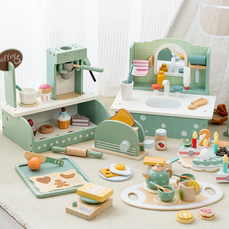 CPC CE 2023 funny Kids Wood Pretend Play Kitchen coffee toaster tea set mini play set toys for kids