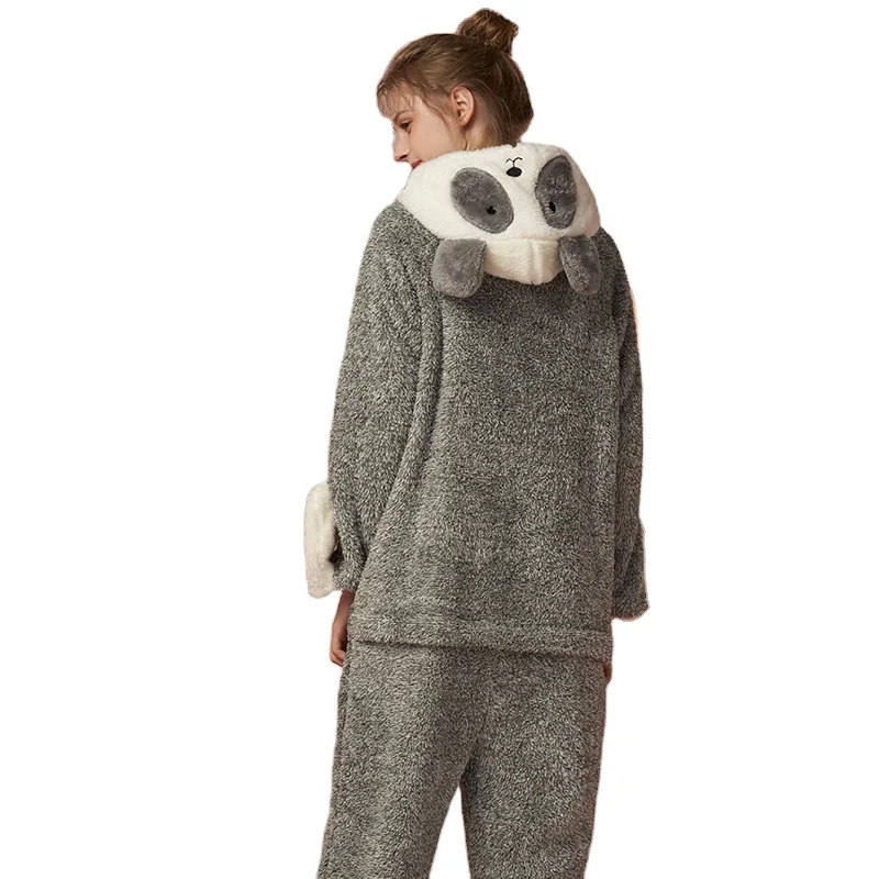 Зимняя женская лаконичная Милая Пижама-комбинезон в виде панды с капюшоном Длинная пижама из кораллового флиса