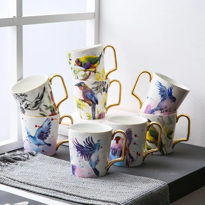 Chinese Painting Birdy Gold Handle Ceramic Mug Wholesale Porcelain Mugs Ceramic Tea Cups Gold Rim Cups and Mugs Coffee Cups