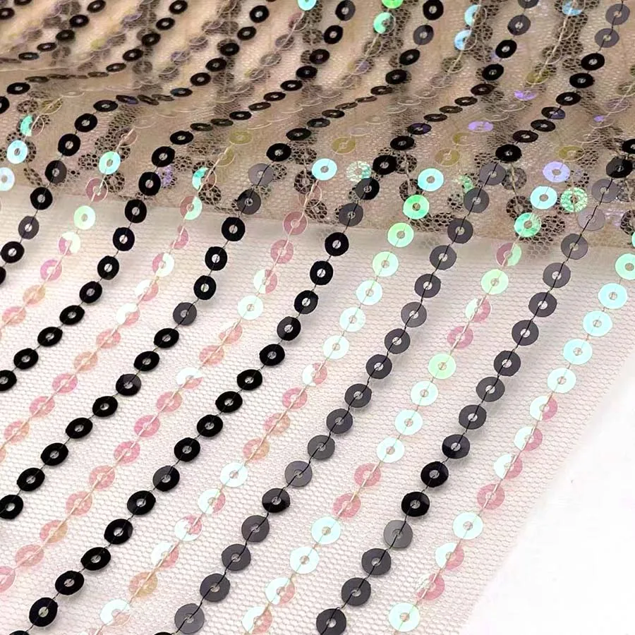 Hologram Stripe Spangle Embroidered 5mm Sequin embroidered Net Fabric 100% Nylon Mesh Ground for Party Dress