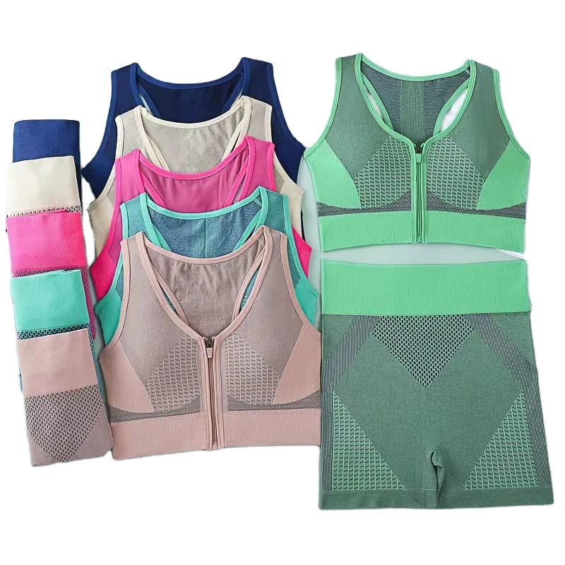 OEM ODM Custom logo size yoga shorts seamless sport Leggings Pants Workout tank Top women Set Front zipper track sports bra suit