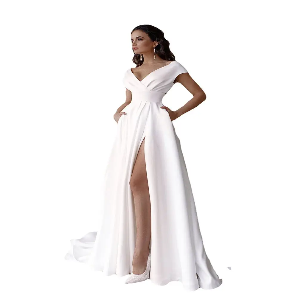 Sexy Ladies White V Neck High Split Cocktail Dresses Evening Party Dress Women Fashion Satin Prom Long Evening Dresses
