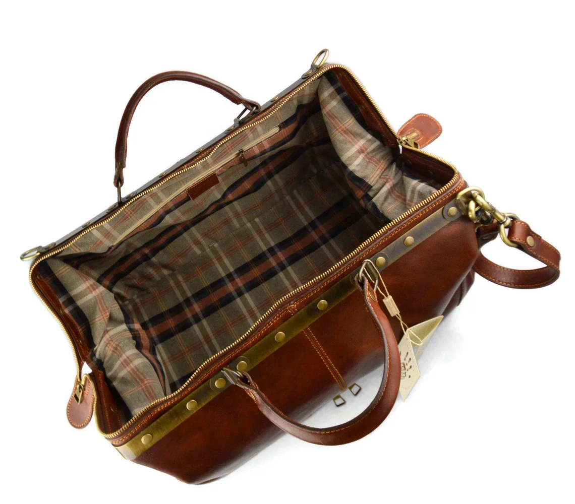 Leather Weekender Suitcase Leather Travel Bag with Trolley Brown Airplane Carry On