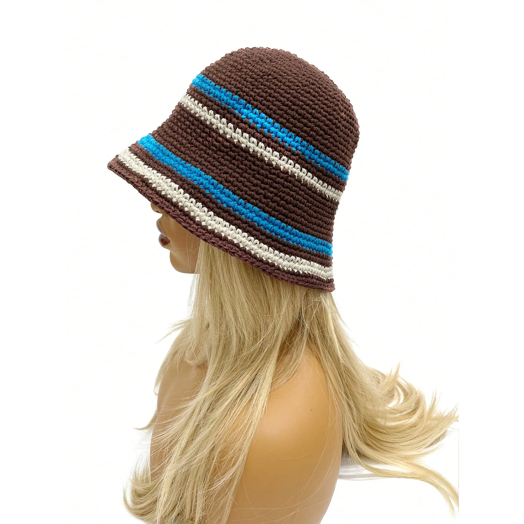 Fashion Summer Striped Crochet Hat Cotton Knitted Sunshade Sunscreen Bucket Fisherman Hat
