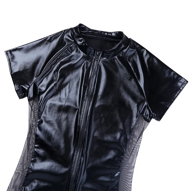 Men Wet look Catsuit Faux Leather Mesh Jumpsuits Black Tight Wetlook Bodysuit Sexy Clubwear Men Lingerie Fetish Latex Body Suit