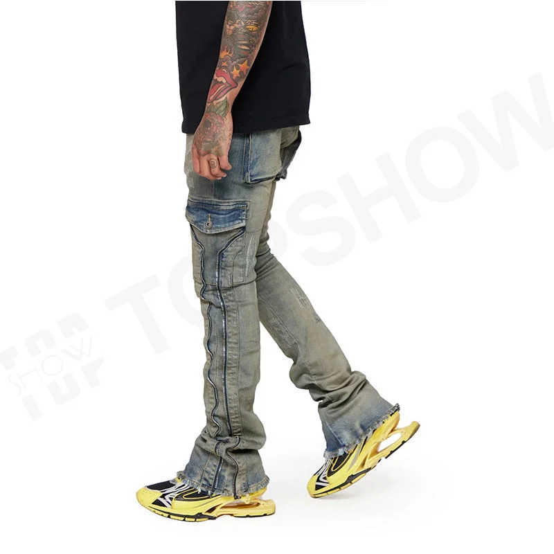 Manufacturer Vintage Washed Denim Pants Men Wholesale Custom Brand Logo Zipper Stacked Jeans Raw Hem Slim Fit Cargo Jeans Flare