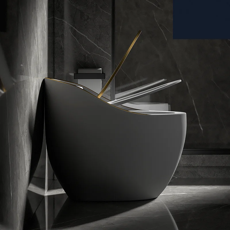 Оптовая продажа, роскошный черный унитаз в форме яйца для отеля, сплошной керамический цветной унитаз с золотой линией