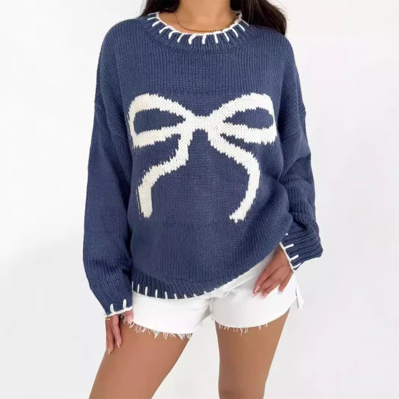 Crewneck Knit Pullover Oversized Slouchy Y2K Sweater Bow Graphic Chunky Knit Sweater Chunky Coquette Sweater