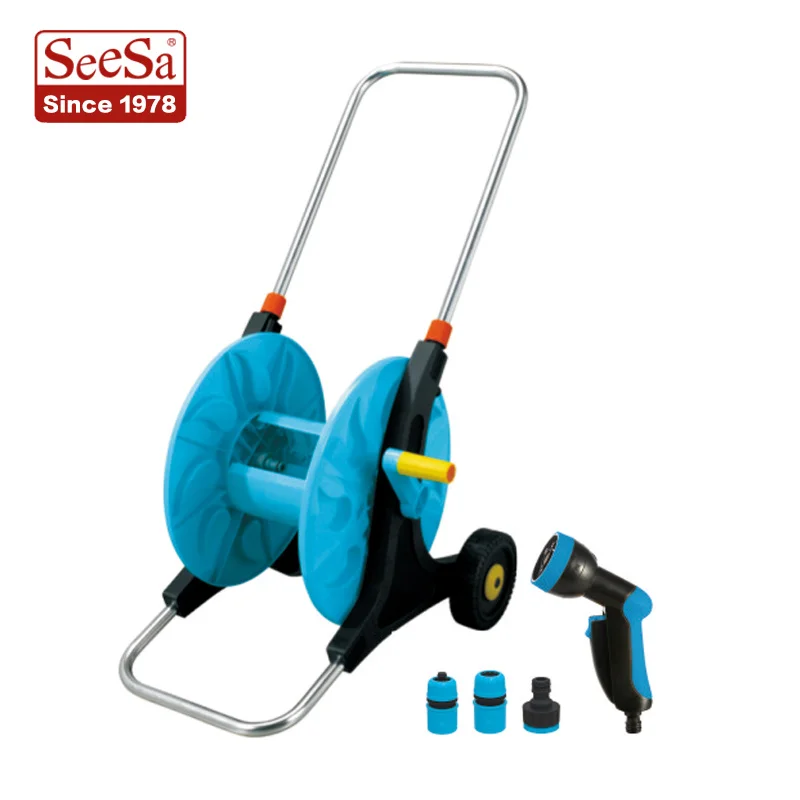Seesa plastic retractable outdoor garden water pressure irrigation trolley hose reel cart with wheels