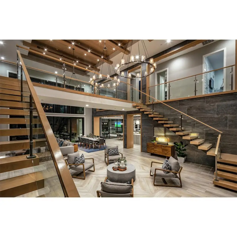 Cbmmart factory price mono modern staircase with wood stair handrail glass railing straight stairs