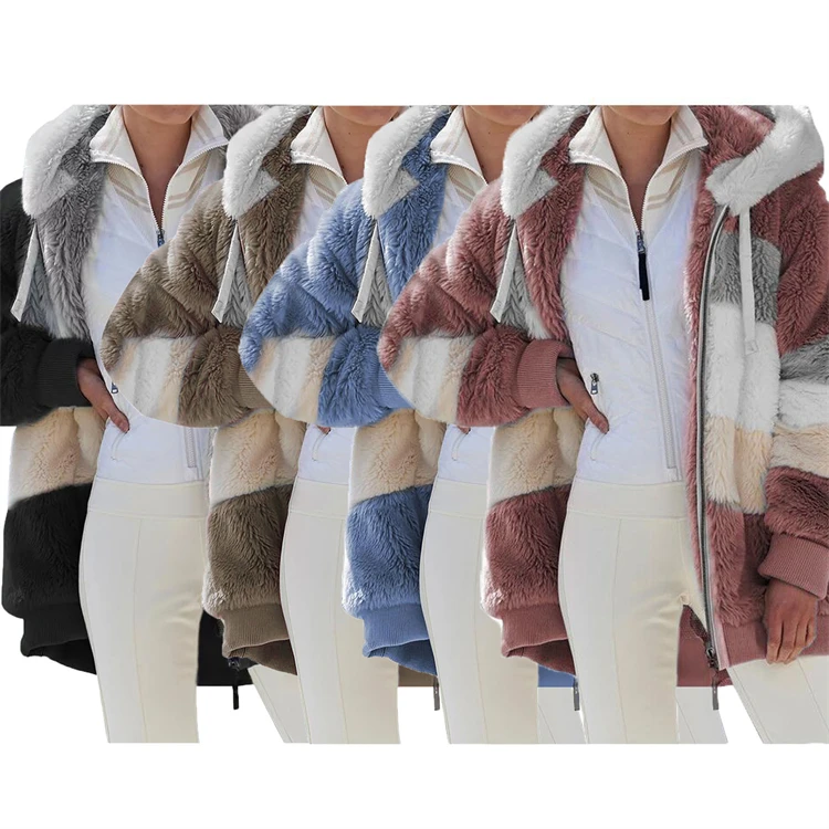 D11545  Autumn clothes for women plus size women hooded loose coat with warm plush and zipper pockets women coats jackets