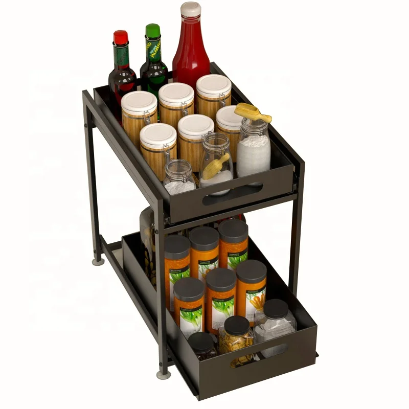 Kitchen push-pull multi-layer condiments to organize daily sundries storage rack