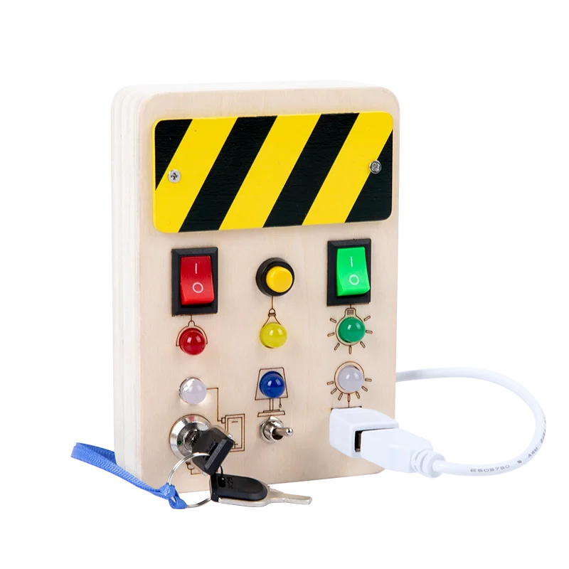 KS kids toddlers montessori early education toy electronic led light toddler wooden busy board with 6 led light Lock Power plug