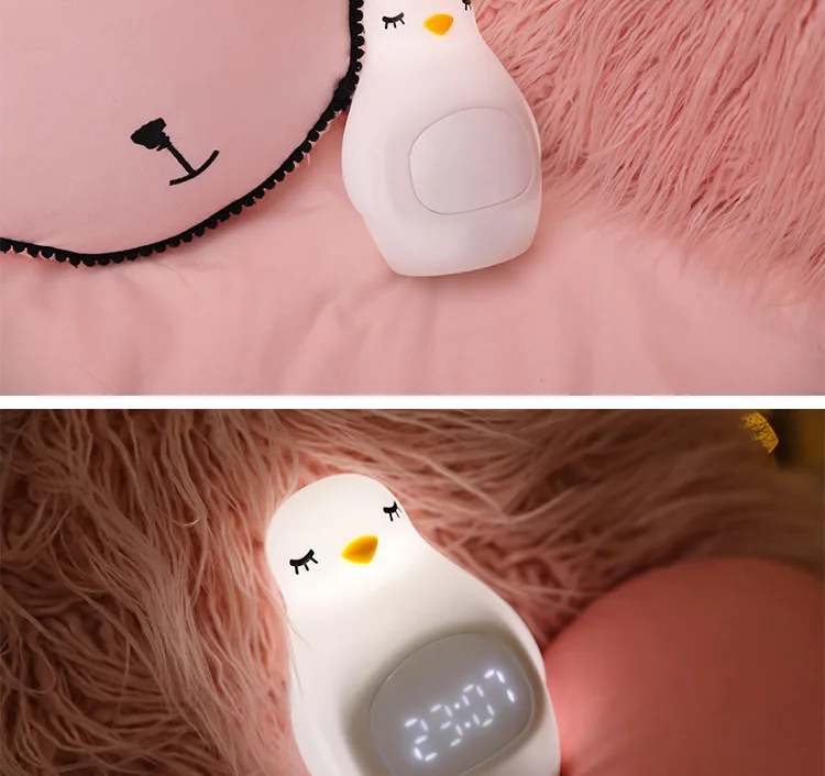 Cute LED Penguin Night Light Alarm Clock silicone Bedside Lamp with clock USB Rechargeable Sleeping Lamp for Girls Boy room