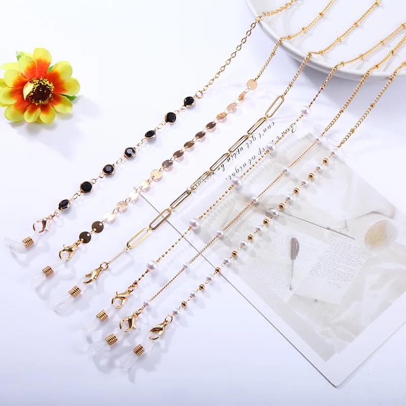 Hot selling color preserving gold-plated jewelry chain pearl glass chain women gifts metal earphone chain for glasses wholesale
