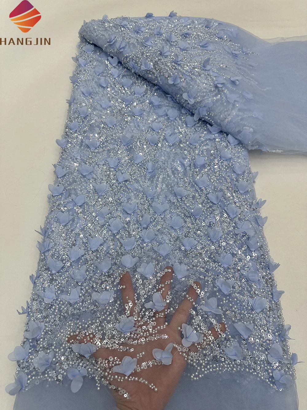 White High Quality African Beaded Sequins 3D Flowers Embroidered Lace Fabric French Tulle Beads Lace Fabric For Bridal Dress