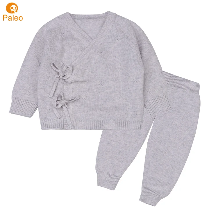 Factory Custom Infant Boy Girl Kimono Sweater Cardigan 100% Cotton Knitted Baby Clothing Set