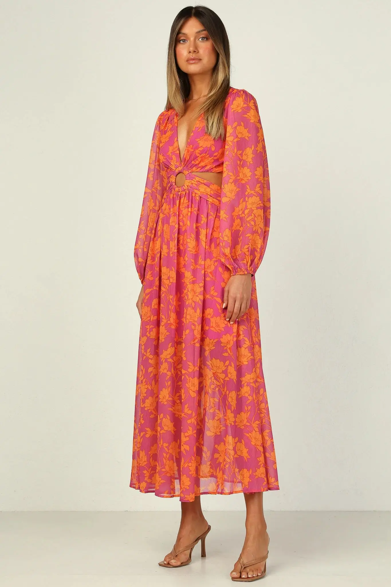 Spring Summer long sleeve backless cut out floral print chiffon dress