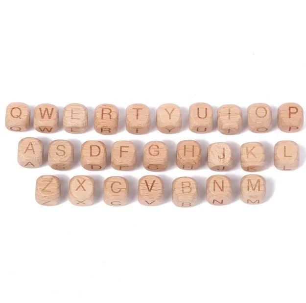 12mm Beech Wooden Alphabet A-Z Letters Square Wood Spacer Beads For Baby Teether Pacifier Clip DIY