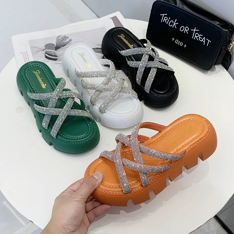 New arrival Thick Sole Wedge heeled sandals platform woman slipper thick bottom chunky Shoes with rhinestone